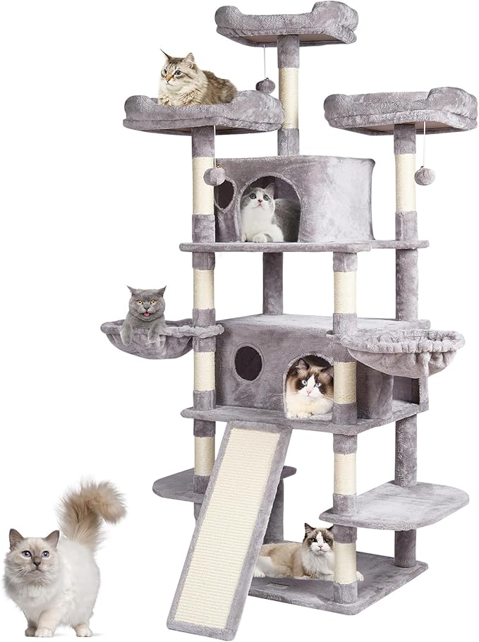 VEVOR Cat Tree for Indoor Cats, 68.5" Cat Tower with 2 Cat Condos, Sisal Scratching Post, Hammocks, Top Perches, Jumping Platforms and Ramp, Cat Furniture Activity Center with Hang Balls, Light Grey