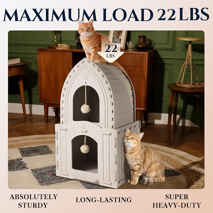 Apasiri 2-Story Cat House for Indoor Cats: Convertible 2-in-1 Felt Cat Condo, Scratch-Resistant, Hideaway Cave for Multi Small Pet Kitten to Relief Anxious, Transitional Modern Cat Furniture