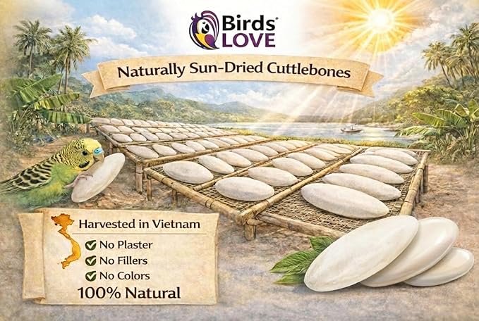 Birds LOVE 3.5-4″ Cuttlebones for Birds – 100% Natural Sun-Dried Calcium Carbonate Mineral Supplement – for Parakeets, Budgies, Cockatiels, Finches & Canaries – 12 Pack with Holder – Made in Vietnam