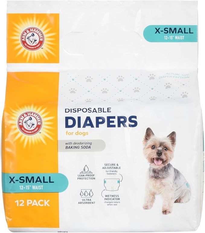 Arm & Hammer For Pets for Pets Female Dog Diapers, Size X-Small | Ultra-Absorbent, Adjustable Girl Dog Diapers with Leak-Proof Protection and Wetness Indicator (Pack of 1,12 Count Total)