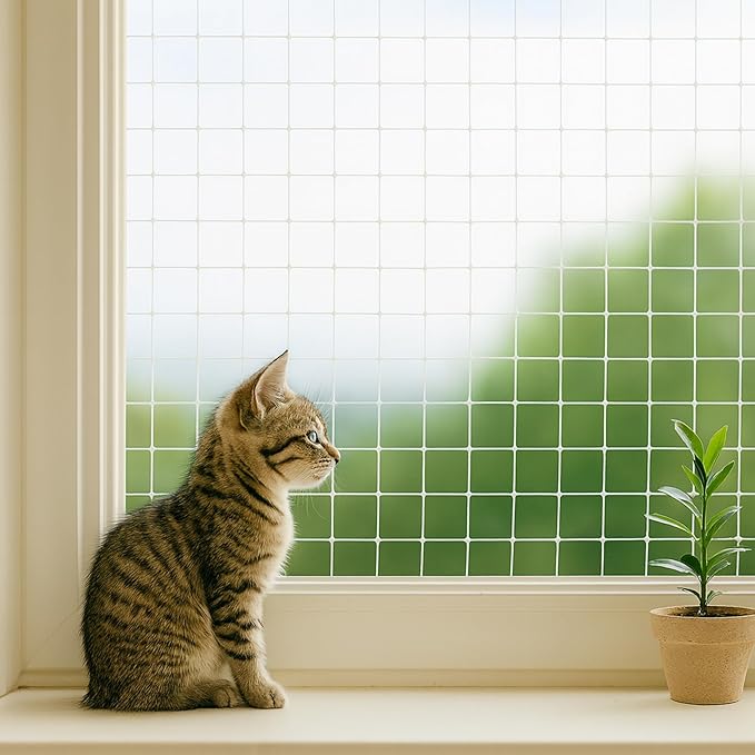Cat Balcony Net – Transparent Nylon Safety Screen for Balconies, Windows, Patios & Catios; Apartment-Friendly Garden/Deck Netting; Weather-Resistant, Cut-to-Fit; Install Kit Included;（White）