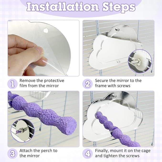PINVNBY 2 PCS Bird Mirror with Perch Resin Parakeet Perches Hanging Parrot Toys Interactive Bird Cage Accessories for Cockatiel Conure Lovebird Finch (Purple)