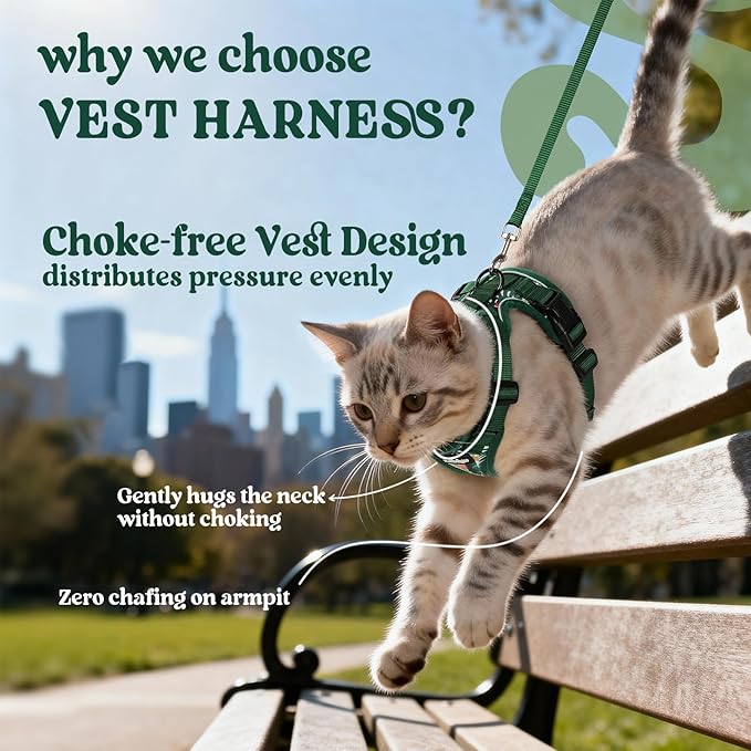 rabbitgoo Cat Harness and Leash for Walking, Escape Proof Soft Adjustable Vest Harnesses for Cats, Easy Control Breathable Reflective Strips Jacket,Rainforest Green,XS