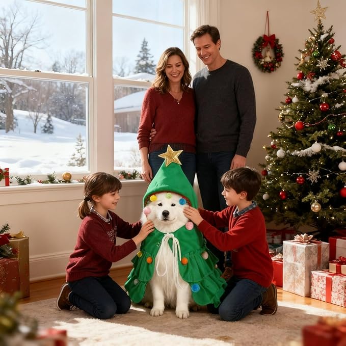 Dog Christmas Outfit Green Pet Cloak with Hat with Star and Pompoms Puppy Cape Clothes Xmas Tree Elf Costumes Party Pet Supplies Accessories for Dogs Big Cats Santa Presents