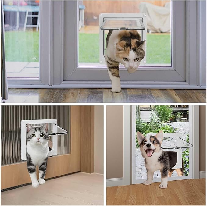 Safety Pet Door with 4 Way Lock, Weatherproof Cat Flap for Sliding Door, and Wall(X-Large, Outer Size 11 * 9.8 * 0.78in)