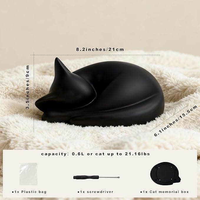 Sleeping Cat Urn for Ashes with Paw Print Kit, Capacity 0.5L, Carefully Handmade Resin Pet Urns for Cats, Thoughtful Pet Loss Gifts and Cat Memorial for Ashes Keepsake (Black)