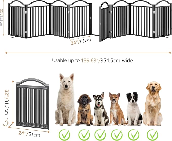 BHG Metal No-Assembly Freestanding Dog Gate with Door Walk Through, Extra Wide 96", Extra Tall 32" Pet Gate, Accordion Puppy Folding Playpen Dog Fence, with 4PCS Support (Black, 8 Panels)