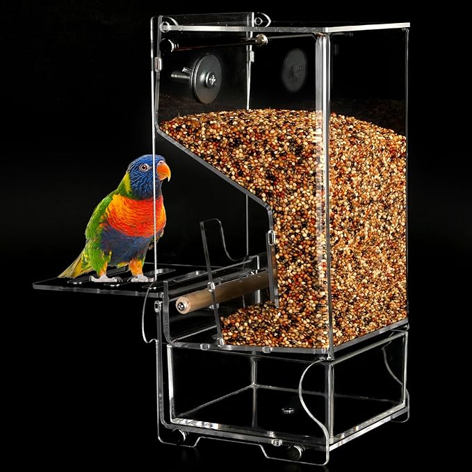 No Mess Bird Feeder Automatic Thickened Bird Seed Food Container Transparent Acrylic Parrot Food Holder with Stand, Bird Feeder for Cage, Reducing-Waste Foraging Feeder for Small Birds