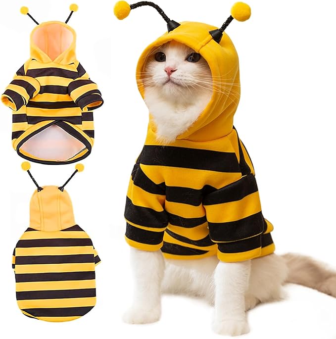 DENTRUN Sphynx Hairless Cats Costume Funny Bee Warm Winter Sweater Cute Pullover Kitten Shirts Breathable Cat Leisure Wear Turtleneck Vest Adorable Cat's Clothes Jacket Pajamas Jumpsuit, S