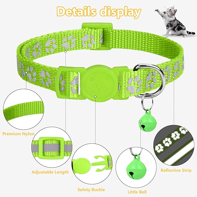 Taglory Reflective Cat Collar Breakaway with Bells, 2 Pack Girl Boy Pet Cat Collar Adjustable 7.5-12.5 Inch, Green