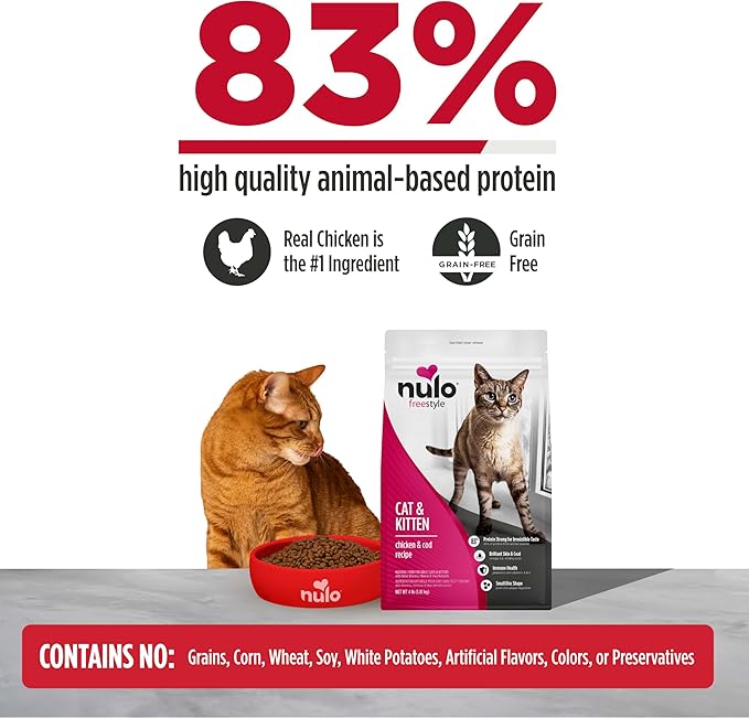 Nulo Freestyle Cat & Kitten Dry Food - Chicken & Cod Recipe, High Protein Grain Free Cat Food, Natural Kibble with Probiotics & Omega Fatty Acids, 2lb Bag
