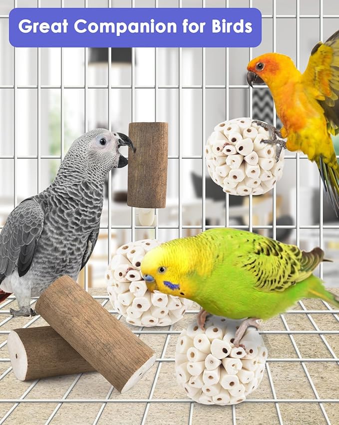 Bissap 7PCS Small Parrot Toys, Natural Sola Balls Bark Sola Sticks Parrot Chew Forage Toy Bird Foot Balls for Cockatiels Conures Cockatoos Parakeets Love Birds Budgie Finch Parrot Cage Bite Toys