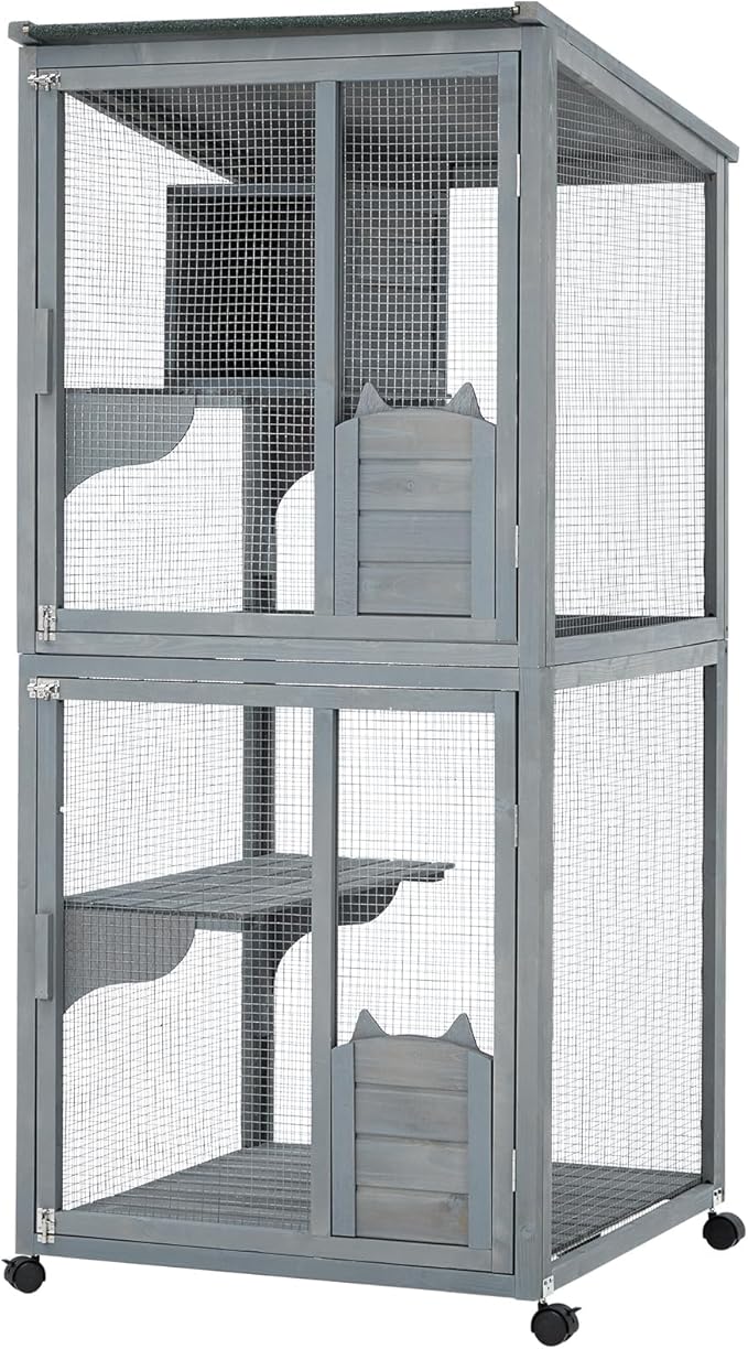 Cat Patio Enclosure, 69" Large Indoor Outdoor Catio Cage with Waterproof Roof, Lockable Wheels, Resting Cabin & Platforms for Multi-Cat Families, Weatherproof Catios