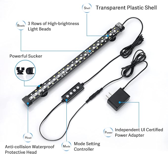 hygger 24/7 Mode Submersible Aquarium LED Light, Full Spectrum Hidden Fish Tank Light with 3 Rows Beads 7 Colors Auto On Off Sunrise-Daylight-Moonlight, Adjustable Timer Brightness 12W