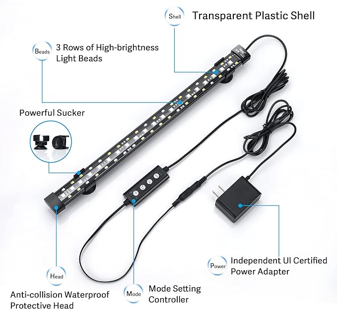 hygger 24/7 Mode Submersible Aquarium LED Light, Full Spectrum Hidden Fish Tank Light with 3 Rows Beads 7 Colors Auto On Off Sunrise-Daylight-Moonlight, Adjustable Timer Brightness (23.6in 14W)