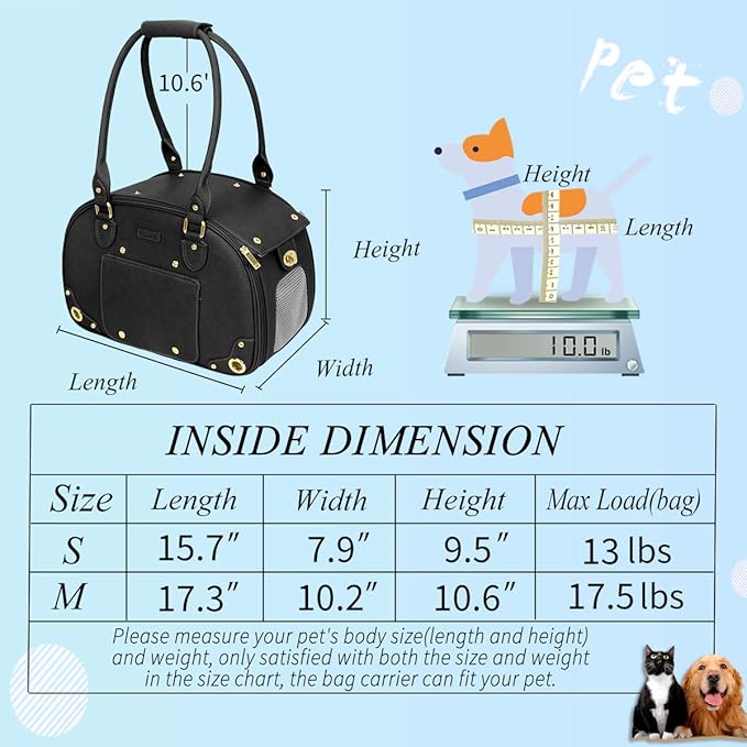 PetsHome Dog Carrier Purse, Pet Carrier, Waterproof Premium Leather Pet Travel Portable Bag Carrier for Cat and Small Dog Home & Outdoor Medium Black