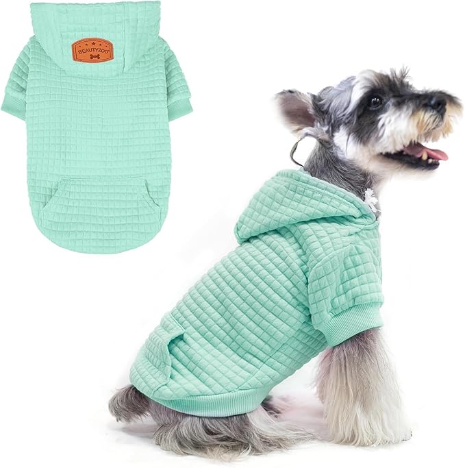 BEAUTYZOO Small Dog Hoodie Sweater with Pockets, Dog Clothes for Small Medium Dogs Boy Girl, Waffle-Like Laminated Cotton Pet Coats with Hat and Leash Hole, Mint Green M