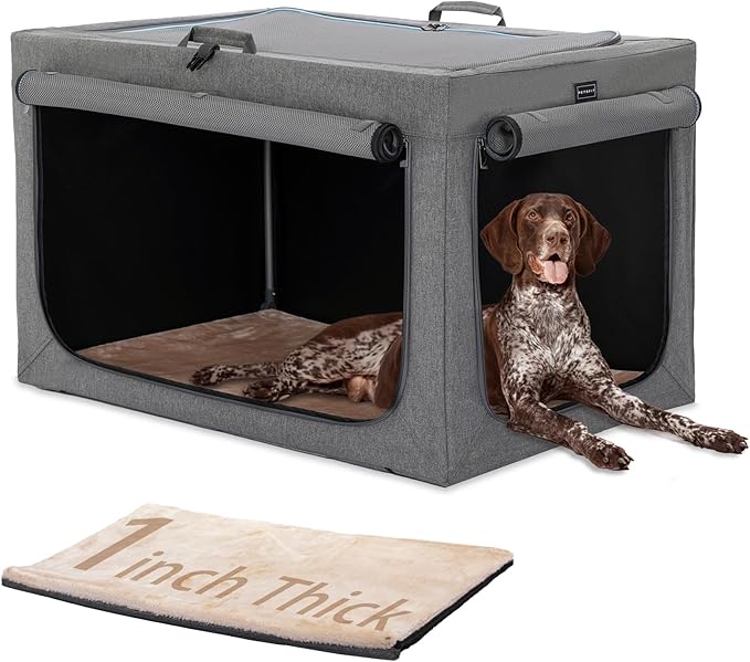 PETSFIT Portable Dog Crate for Large Dogs, – 40" Soft Dog Travel Crates with Lockable Zippers & Thicken Mat, Adjustable Patented Spiral Steel Frame, Collapsible Kennel for Indoor & Outdoor