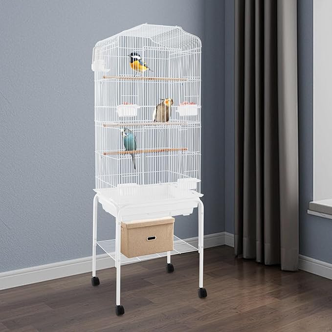 Large Rolling Bird Cage with Stand & Storage Shelf, 4-Tier Stackable Parrot Aviary for Cockatiels, Parakeets & Finches, Metal Birdcage with Slide-Out Tray, Feeding Bowls & Wheels (White)