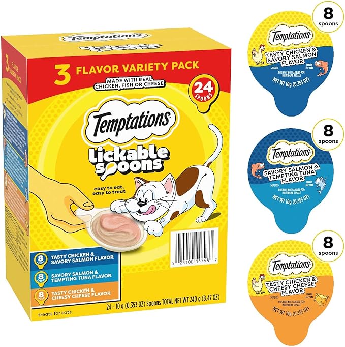 Temptations Lickable Spoons, Soft Lickable Cat Treats, Adult Wet Cat Treats, Variety Pack, 24 Spoons