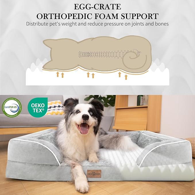 Comfort Expression Orthopedic Dog Bed for Medium Dogs 30x20 Inch, Waterproof Egg Crate Foam Medium Pet Bed with Removable Bolsters, Dog Couch with Washable Cover & Non-Slip Bottom, Grey White