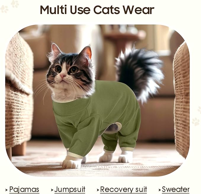 DENTRUN Cat Clothes for Hair Control with Hair Sticky Fabric - Soft Recovery Suit & Breathable Lint-Resistant Cat Sweater for Cats Only, Kitten Onesie Pajamas, XS, Army Green