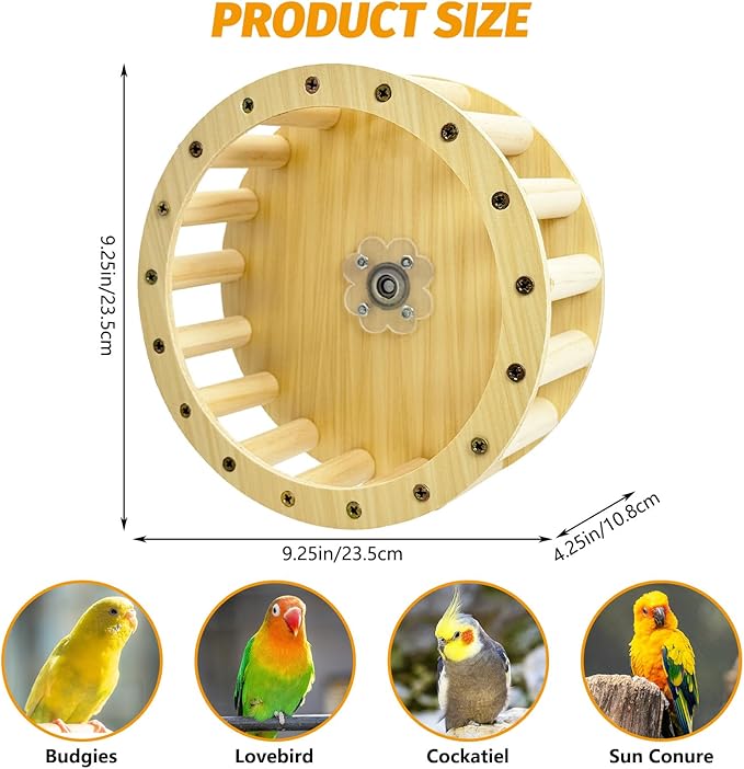PINVNBY Wooden Bird Exercise Wheel Parrot Running Wheel Toy Cage Mounted Parakeet Interactive Spinner Toy Bird Rotating Perch for Budgies Lovebird Java Sparrow Canary Parrots and Some Small Animals