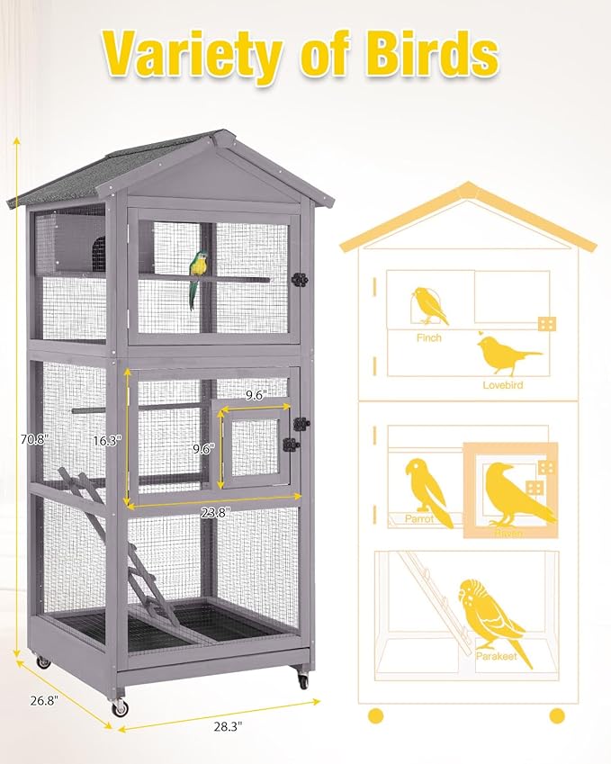 Large Bird Cage with Wheels - Wooden Aviary Large Mobile Bird House with Play Stand, Perches & Nest, Easy-Clean Mesh Design for Outdoor