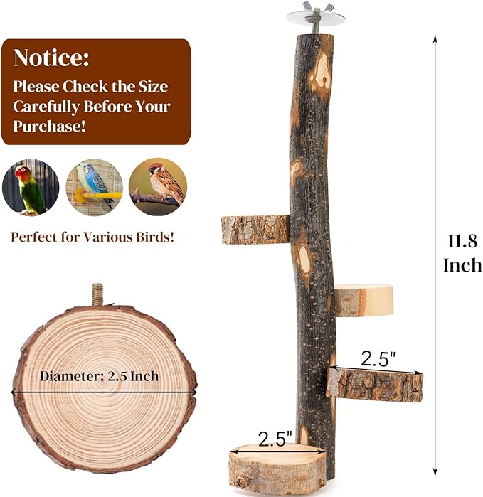Natural Wood Bird Perch, 12 Inch Parrot Perch Stand for Cage, Small Animals Hanging Perch & Platforms for Parakeet Parrots Cockatiel, Conure, Budgie, Macaw, Bird Cage Accessories
