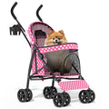 MoNiBloom 4 Wheels Pet Stroller, Easy-Fold Umbrella Shaped Dog Cat Jogger Stroller w/Storage Bag & Visible Mesh for Small/Medium Dogs Cats Hot Pink Polka Dots