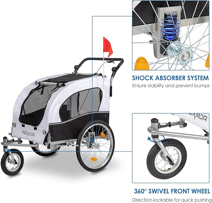 PEXMOR 2-in-1 Dog Bike Trailer & Stroller, Universal Hitch, Pet Cart Bike Wagon Cargo Carrier with Shock Absorber & Universal Wheel