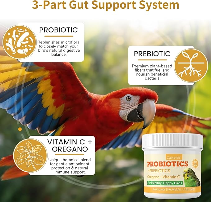 Bird Probiotic Powder for Gut Balance, Digestive & Immune Support – 10 Billion CFU Probiotic + Prebiotic with Vitamin C & Oregano – Molting & Stress Support for All Birds - Parakeet Parrot Cockatiel