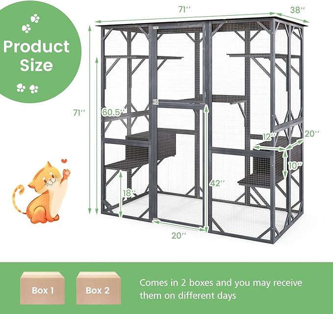 Tangkula Catio Outdoor Cat Enclosure Large, 71 Inch Outdoor Cat House Weatherproof with Asphalt Roof, Wooden Cat Cage Playpen with 7 Jumping Platforms & 2 Resting Boxes, Walk-in Cat Kennel Condo