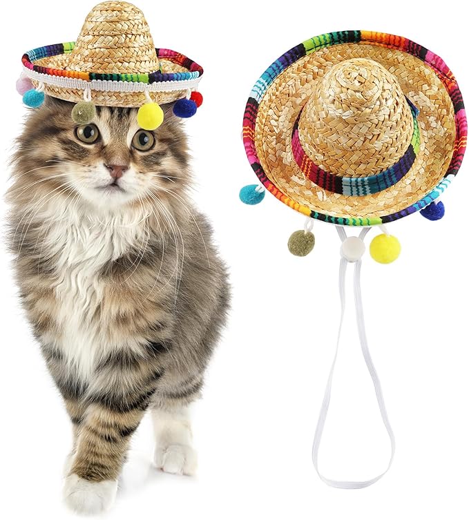 Sombrero Cat Hat for Cats Mexican Fiesta, Mini Sombrero Hat for Cat Cinco de Mayo Party Supplies Funny Sombrero Mexican Style Hats Headwear for Small Puppy Cats Costume Cute Sombrero