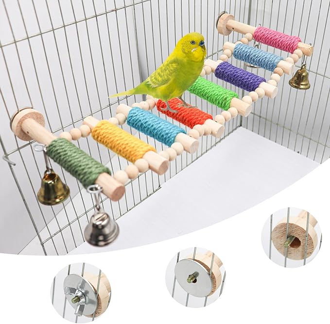 Bird Cage Accessories, Wooden Bridge with Colorful Rope on Steps, Bird Climbing Ladder Perch for Budgies, Cockatiels, Lovebirds, Quakers, Green Cheeks, Other Small to Medium Birds
