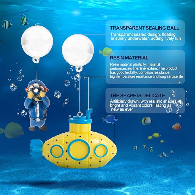 CousDUoBe 2.1 in Mini Floating Submarine Fish Tank Decoration Set，Cute Retro Submarine Set and Floating Diver,Aquarium Decorations Resinous Betta Fish Tank Accessories