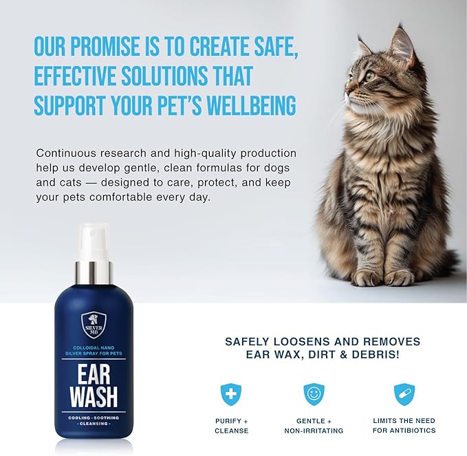 Pet Ear Wash Spray for Dogs & Cats, 8 oz Nano Silver Ear Cleaner, Gentle Ear Flush for Itchy Sensitive Ears, Soothing Cleansing Solution for Wax, Odor & Daily Ear Care