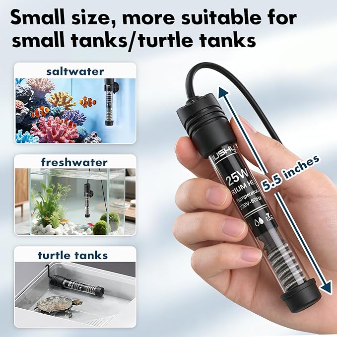 Orlushy 25W Small Submersible Aquarium Heater, Constant Temperature Betta Fish Tank Heater of 78℉ for 1-5 Gallons Freshwater & Saltwater Tanks
