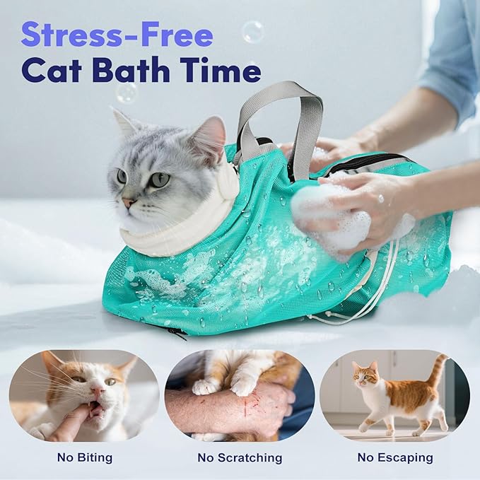 Cat Bathing Bag Anti Scratch Bite Breathable Mesh - Adjustable Cat Grooming Bag for Nail Trimming, Injections, Medication, Dental Care, Vet Visits, Cats Shower Bag with Zippers,Green