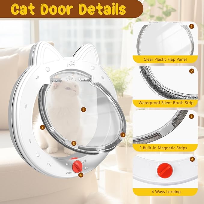 Cat Door with 4 Way Lock, Cats Doors for Interior Exterior Gate, Weatherproof Magnetic Pet Door for Cats and Small Dogs, Cat Flap Doors, Easy to Install, 7.5" x 7.5" Inner Frame (White)