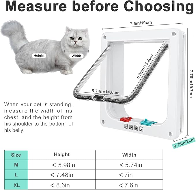 Thin Cat Door for Windows, Pet Doors and Sliding Door, Safety Pet Door with 4 Way Lock, Weatherproof Cat Flap for Thin Door and Wall(Medium, Outer Size 7.76 * 7.5 * 0.78in)