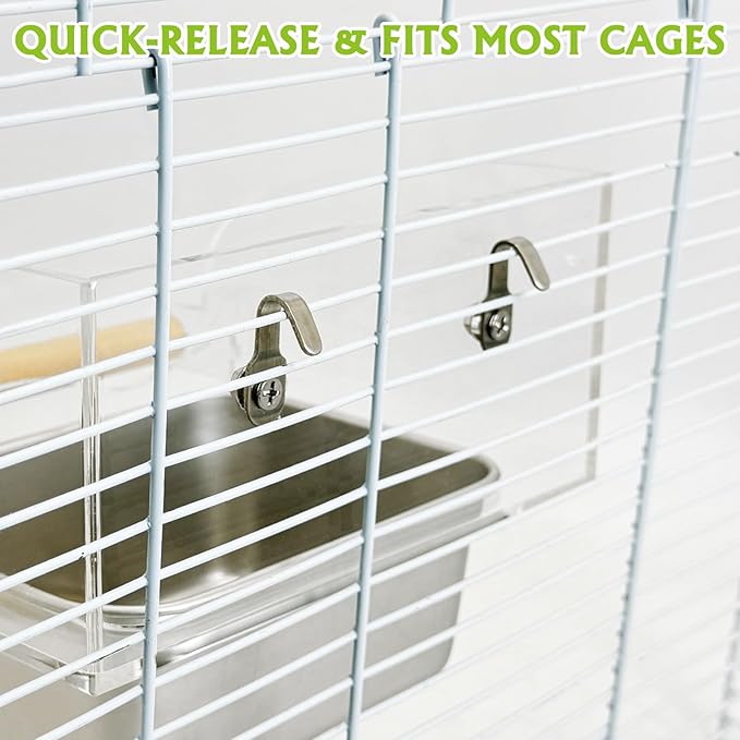 BNOSDM No Mess Bird Feeder for Cage with Stainless Steel Food & Water Bowl Wood Anti-Slip Perch Stand with Acrylic Parakeet Seed Dishes for Cockatiel, Lovebird, Canary, Finch, Conure (Hook)