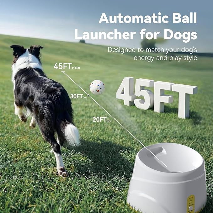 HETOO Automatic Ball Launcher for Dogs: Ball Launcher for Dogs - Automatic Tennis Ball Thrower for Dogs, with 6 Balls- Interactive Dog Toys - Small/Medium Sized Launcher- Yellow