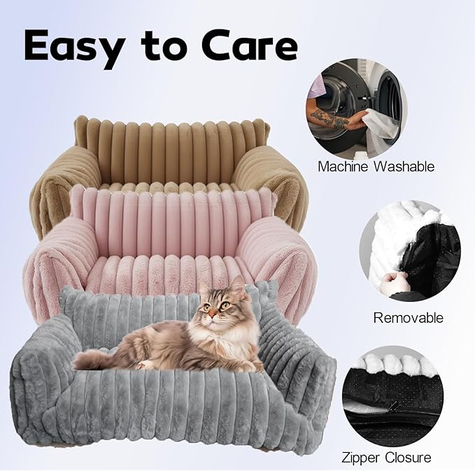 Cat Couch for Pets - Cute Cat Beds for Indoor Cats with Removable Cover, Washable Soft Corduroy Plush, Fluffy Supportive Pet Sofa Chair for Cats, 24 inch Grey