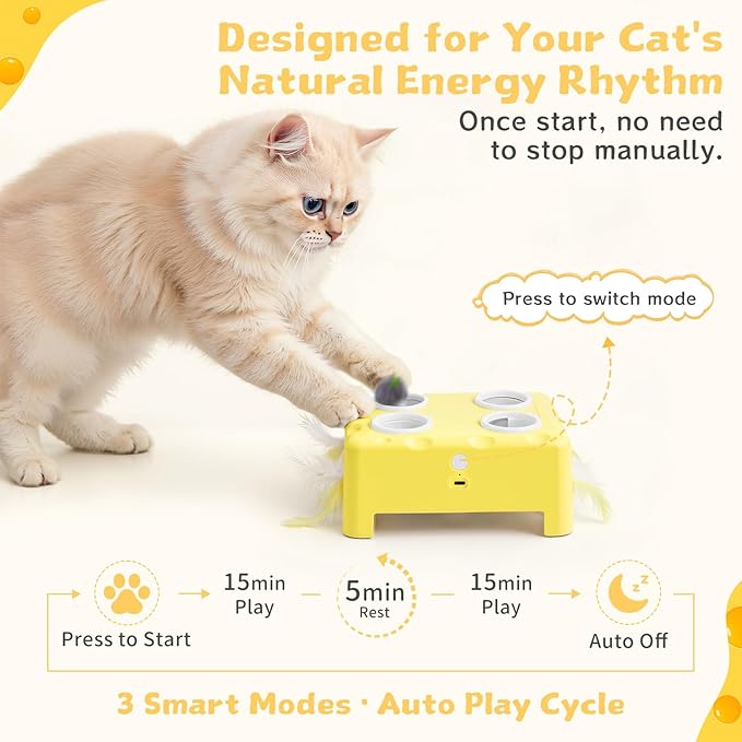 Interactive Cat Toy for Indoor Cats, 3 Modes Feathers Toy, Rechargeable 4 Holes Mole Cat Toys, Cheese Box for Kitten, 4 Accessories (Yellow)