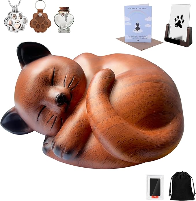 Pet Cat Urns for Ashes, Sleeping Resin Cremation Animal Urn and Sealed Bag, Decorative Memorial, Fur Keepsake, Ashes Necklace, Keychain, Inkless Paw Print Kit, Picture Frames, Sympathy Cards(Cherry)