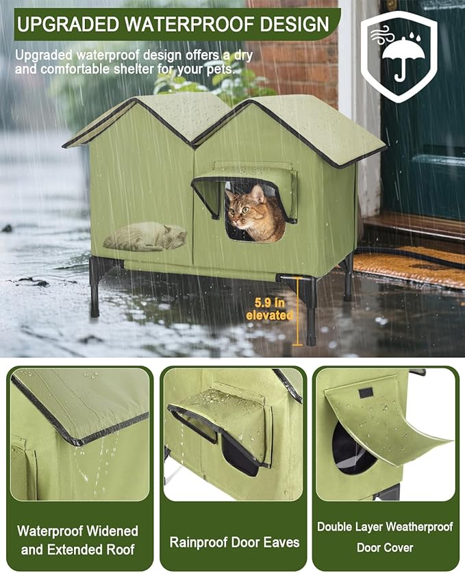 Large Heated Cat House for Outside in Winter, Elevated Insulated Heated Outdoor Cat House Weatherproof with Heating Pad, Waterproof Outdoor Cat Shelter for Multiple Cats Small Dogs(Green)