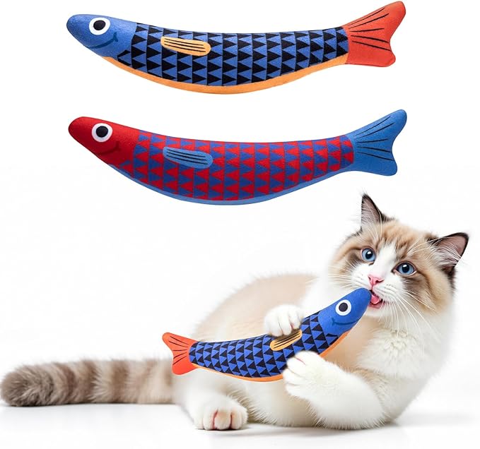 PetBusy Cat Toys with[5000mg A+Natural Catnip &Silvervine] [Baby Grade] Interactive Soft Chew Kicker Cat Toys for Indoor Cats & Kittens, [Crinkle &Bell] Fish Sound Toy, Drives Bored Cat Crazy with Fun