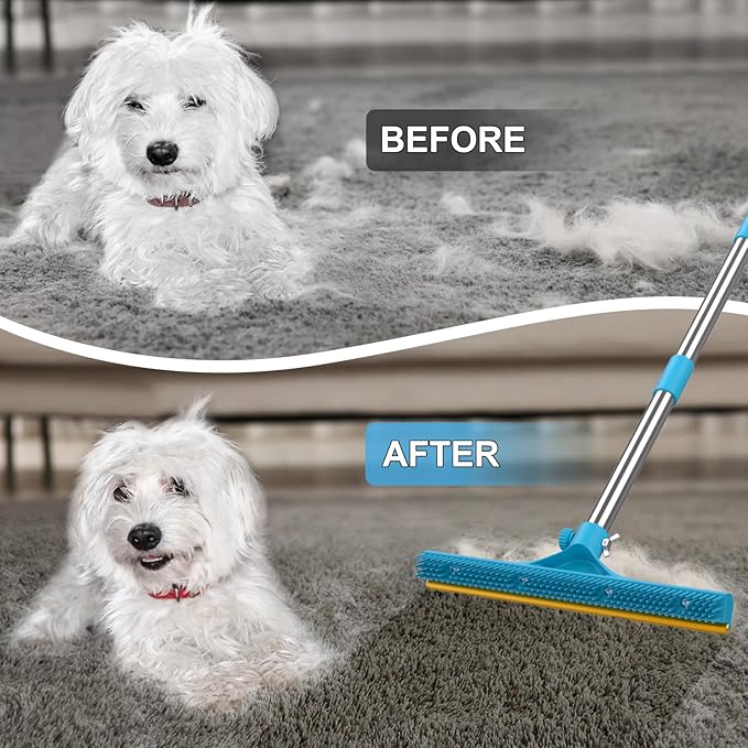 3 in 1 Carpet Rake for Pet Hair Removal, Reusable Pet Hair Remover Broom, 60'' Adjustable Long Handle Dog and Cat Hair Remover Tool Set of 3, Lint Remover Scraper for Carpets, Rugs, Mats, Couch, Car