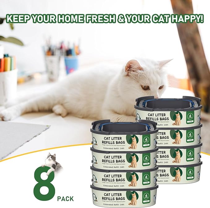 Cat Litter Refill Bags Cartridge Compatible with Litter Cat Genie Standard, Plus, XL+ and XL Pail Refills, Pet Waste Bags Box Accessories, Pack of 8
